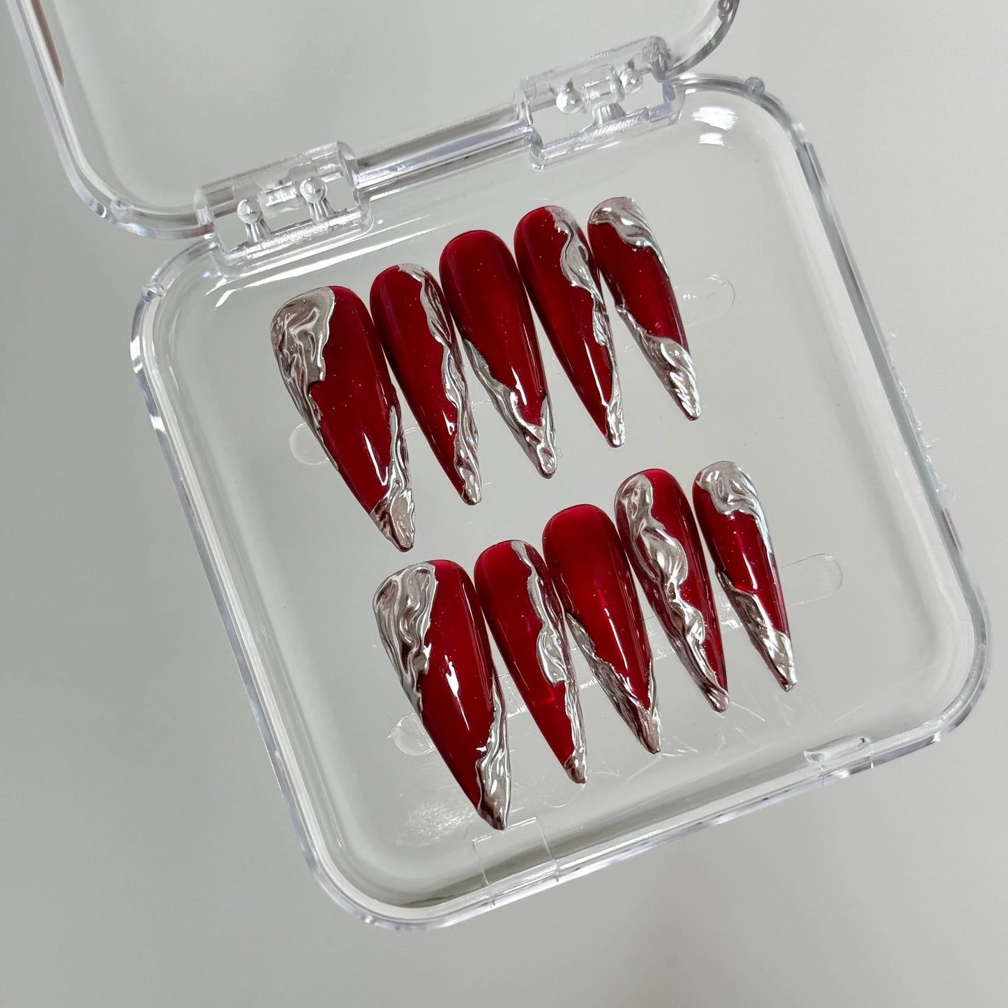 Crimson Elegance Nails with Silver Swirl Design - Elegant Charme